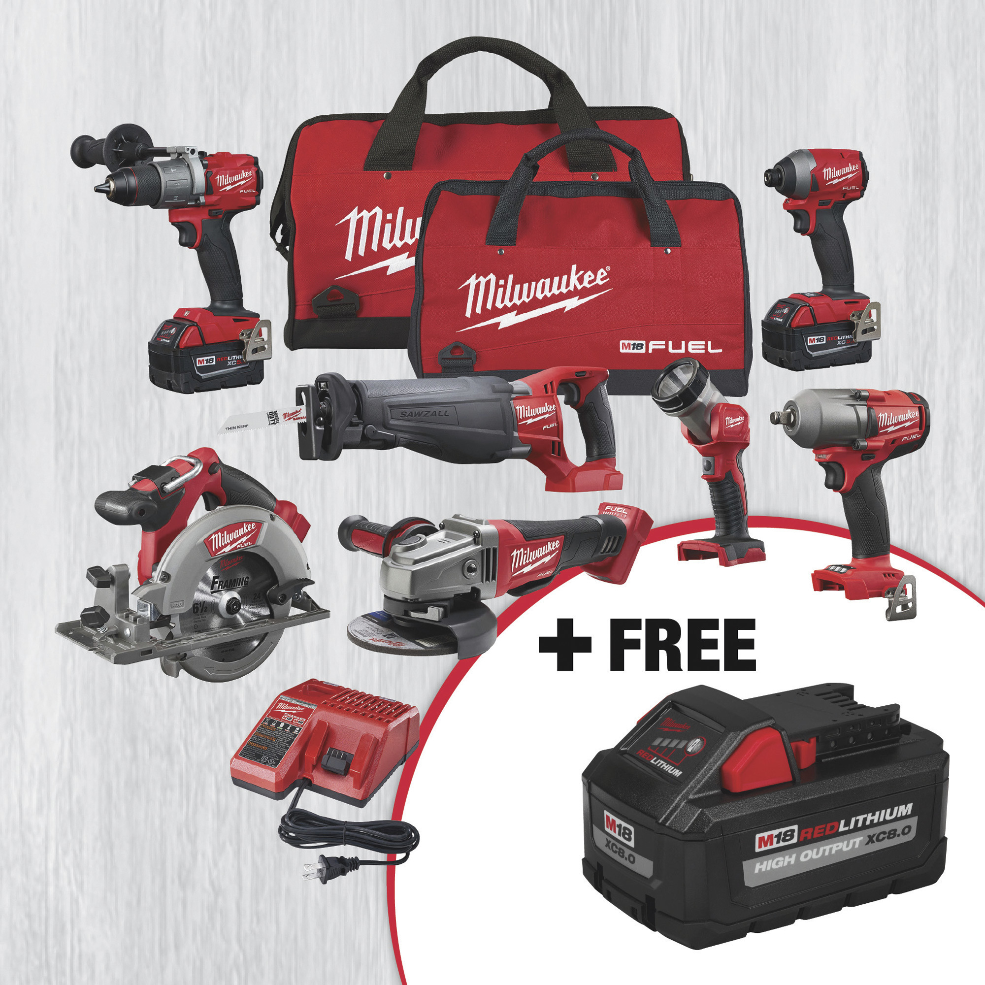 SPECIAL BUY! Milwaukee M18 FUEL Cordless 7-Tool Combo Kit with FREE M18 RedLithium High Output XC 8.0 Battery!